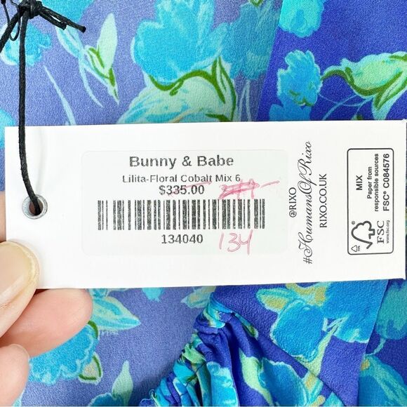 RIXO  Lilita Cobalt Blue Floral‎ Print Silk Mini Dress short Sleeve Sz 6 - Picture 6 of 13